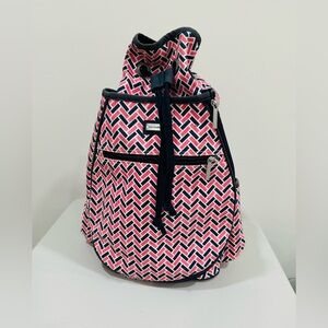 Ame & Lulu Tennis Backpack Red Navy Geometric Canvas Drawstring Large Tenniscore